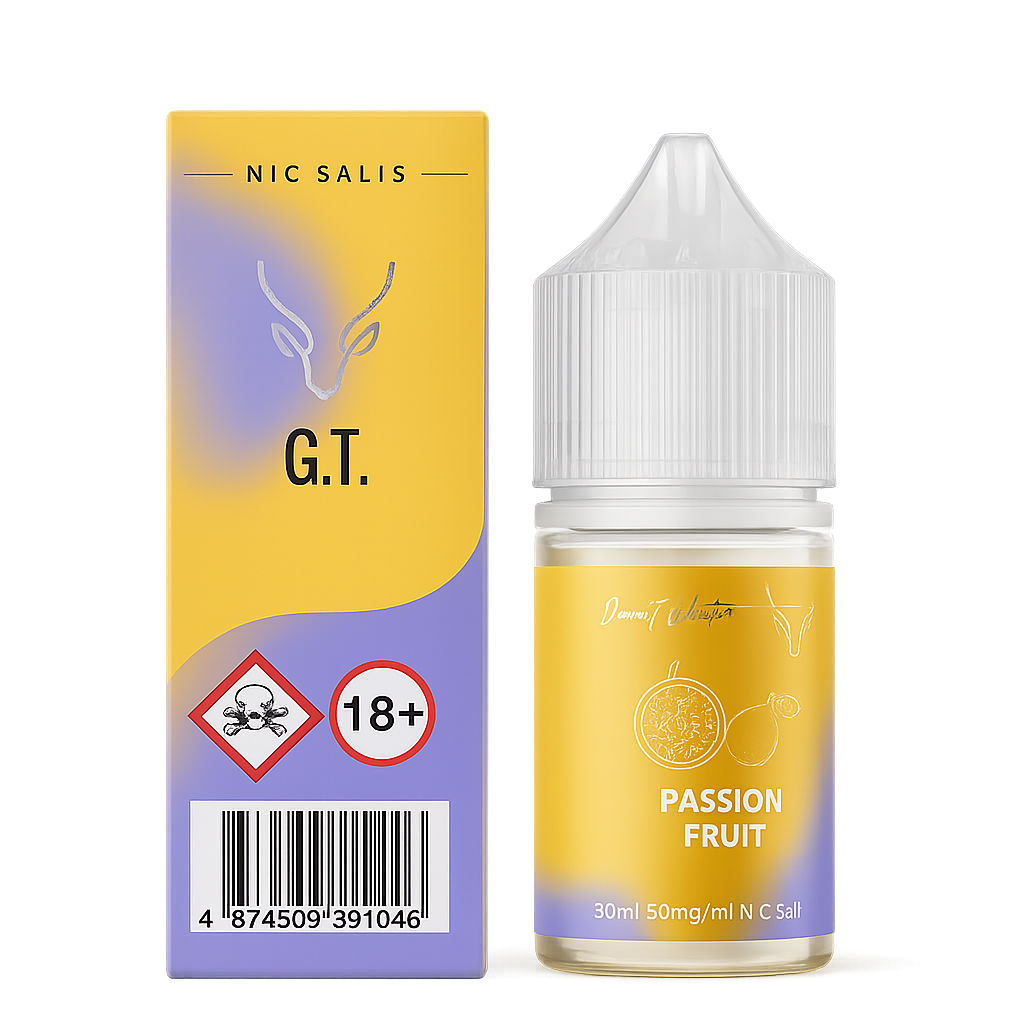 Nic Salis G.T. passion fruit e-liquid bottle and packaging on a white background