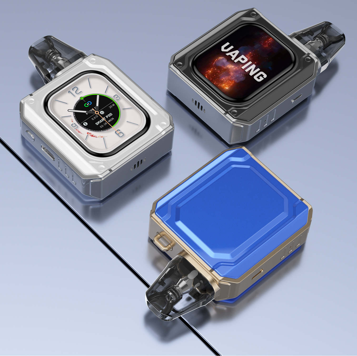 Three vaping devices with metallic finishes on a light blue background